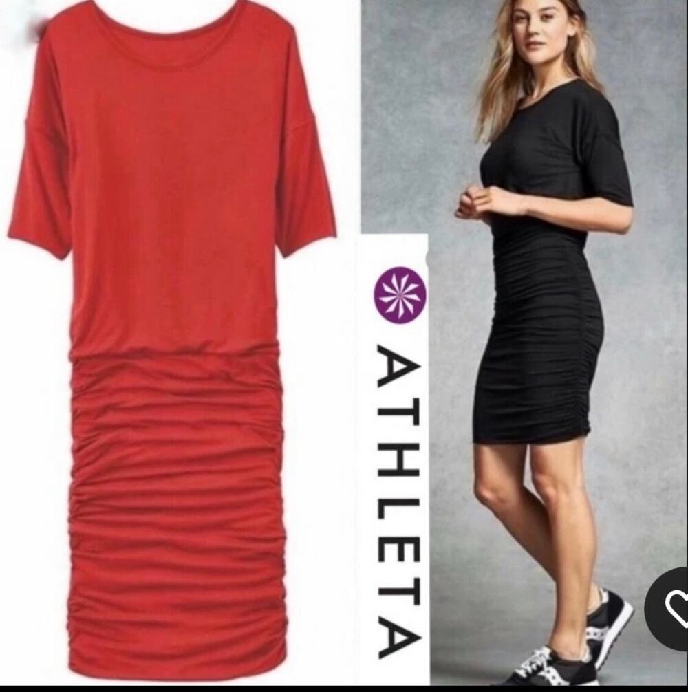 Athleta Solstice Midi Dress Soft Modal Wool Blend Ruched Sleeves S